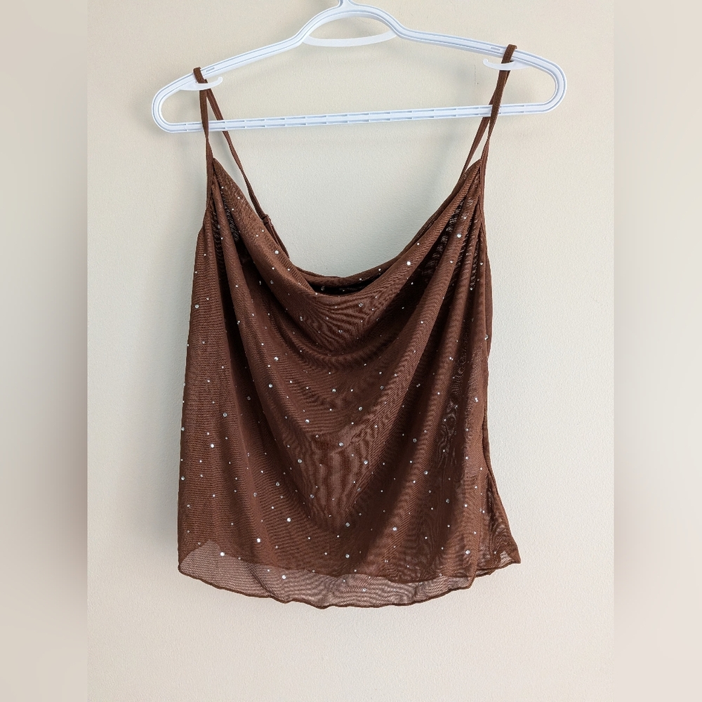 BNWT Brown Cowl Neck Sheer Rhinestone Studded Camisole Top